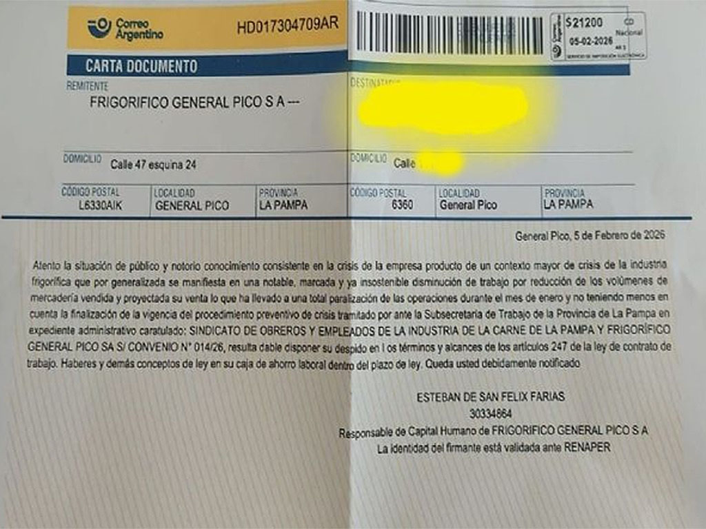 El Frigorífico Pico despidió a 194 trabajadores